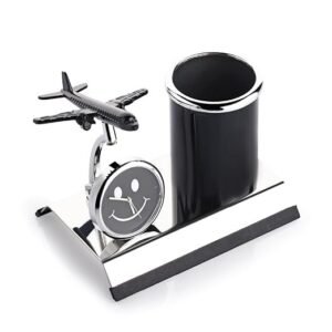 Aeroplane Miniature Metal Pen Stand with Clock