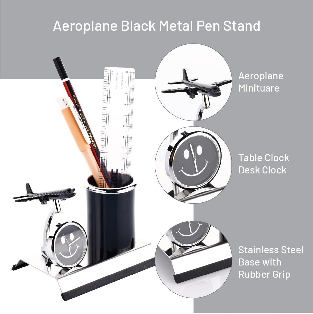 Aeroplane Miniature Metal Pen Stand with Clock, Stylish Desk Organizer, Pencil Holder, Elegant Corporate Gift Set, Durable Decorative Showpiece for Office, Doctors, Lawyers (Black) - Image 3
