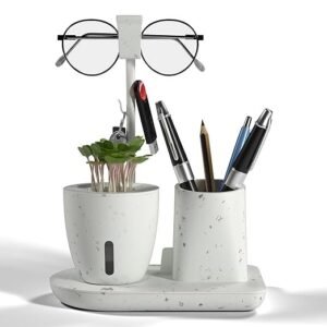 eo Pen Stand for Study Table with Self-Watering Plant Pot, Glasses & Smartphone Holder – Desk Organizer & Pencil Holder for Office, Home, Kids, Students, Study Room Desk Station White
